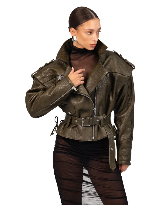 Biker Textured Kožna Jakna/Prsluk - Maslinasta