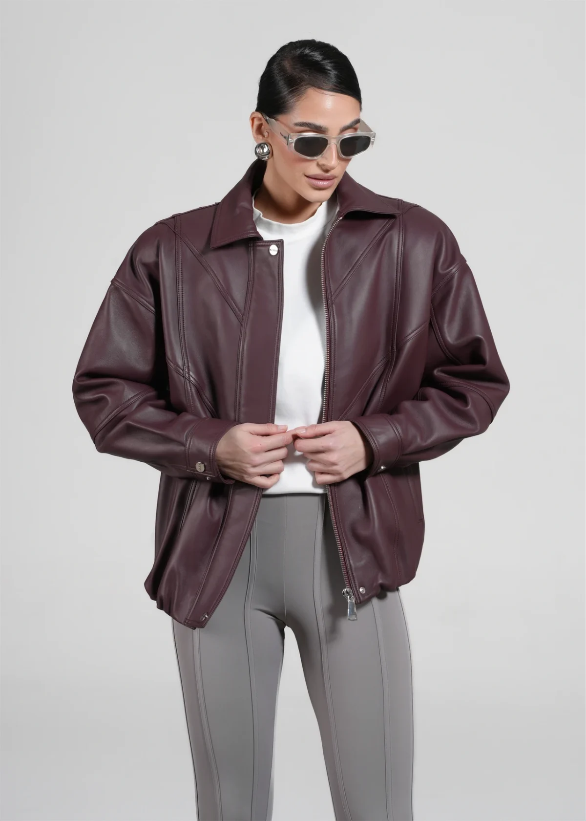 Bomber Kožna Jakna - Bordo - Slika 4
