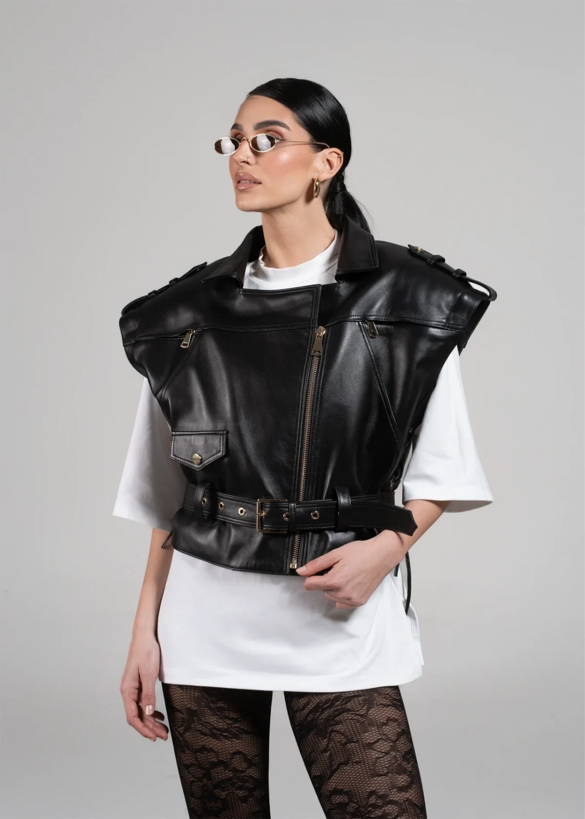Biker Kožna Jakna/Prsluk - Crna - Slika 10